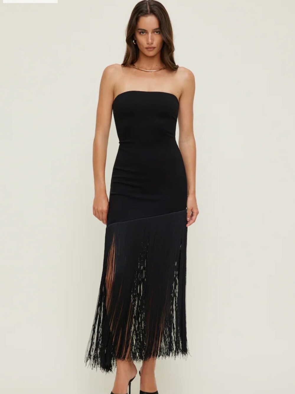 NWT Dynamite Fringe Asymmetrical Strapless Maxi Tube Dress Size Large Jet Black